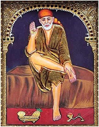 הודו האקזוטי 10 x 12 Shirdi Sai Baba Tanjore ציור | צבעים מסורתיים עם זהב 24 קראט | מסגרת עץ